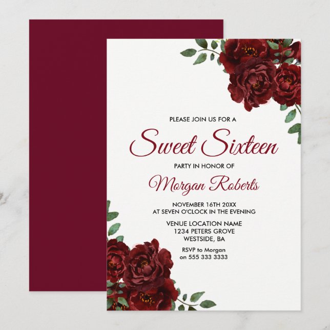 Romantic Burgundy Red Rose Sweet Sixteen Invite (Front/Back)