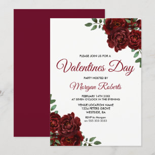 Romantic Burgundy Red Rose Valentines Day Party Invitation