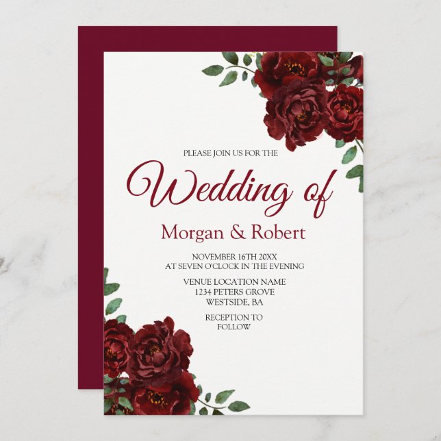 Romantic Burgundy Red Rose Wedding Invitation (Front/Back)