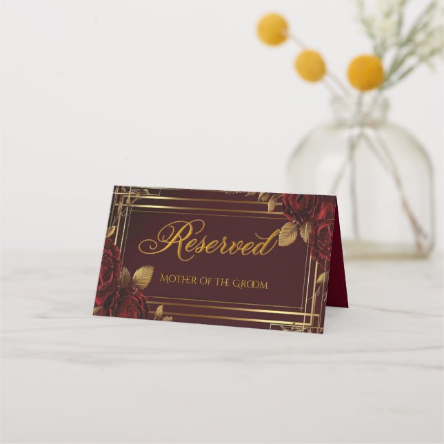 Romantic Burgundy Red Rose Wedding  Place Card (Front)