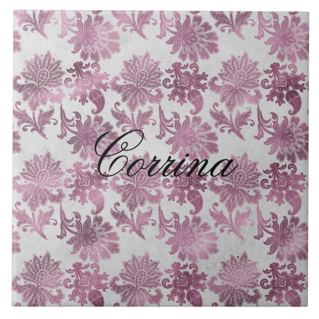 Romantic Burgundy Red Silver Floral  Tile (Front)