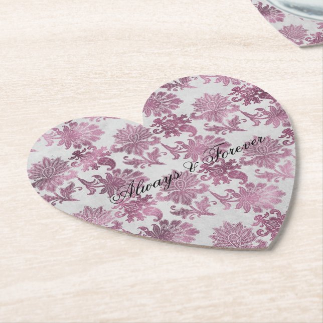 Romantic Burgundy Red Silver Floral Wedding Paper Coaster (Angled)