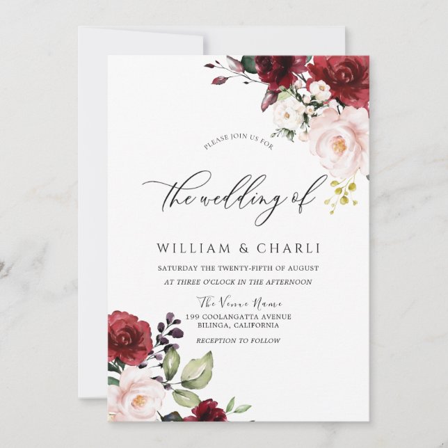 Romantic Burgundy Red Watercolor Wedding Invitation (Front)