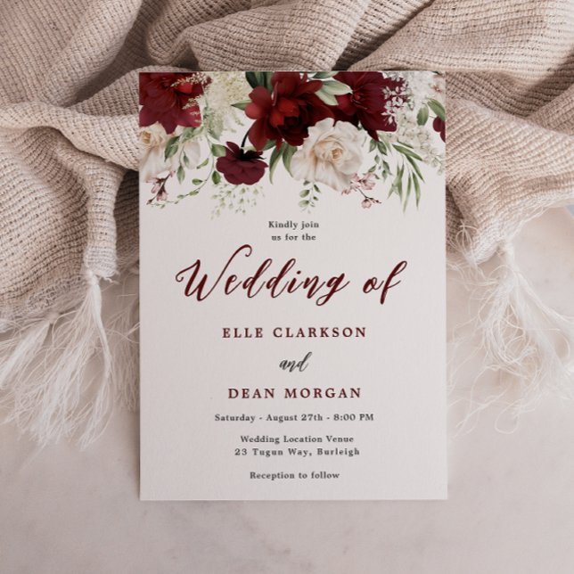 Romantic Burgundy Red & White Floral Wedding Invitation (Creator Uploaded)