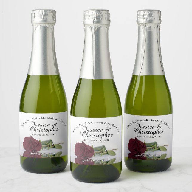 Romantic Burgundy Rose Wedding Thank You Mini Sparkling Wine Label (Bottles)