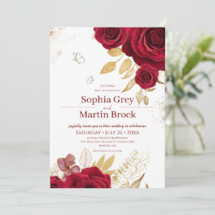 Romantic Burgundy Roses and Gold Rustic Wedding  Invitation