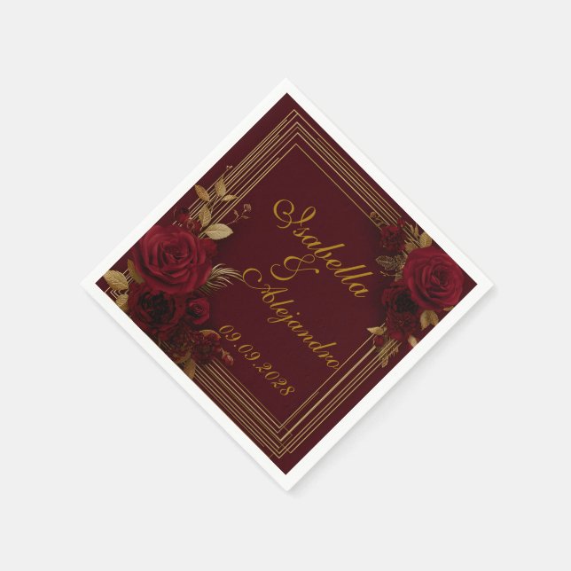 Romantic Burgundy Roses Wedding  Napkin (Corner)