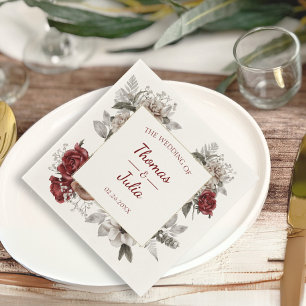 Romantic Burgundy & Silver Floral Wedding Napkin
