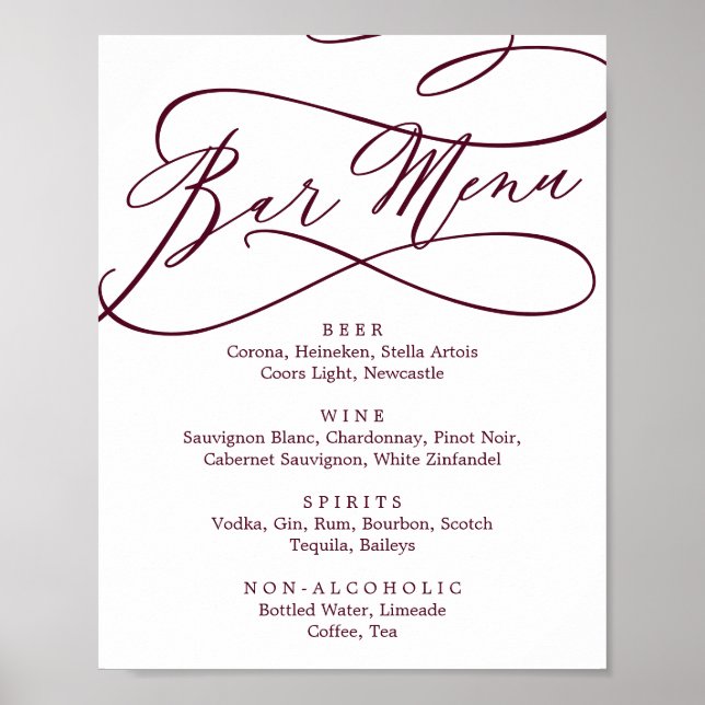 Romantic Burgundy Text Calligraphy Bar Menu Poster (Front)