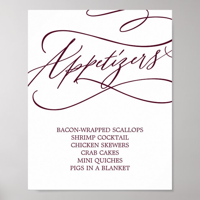 Romantic Burgundy Text Wedding Appetizers Poster (Front)