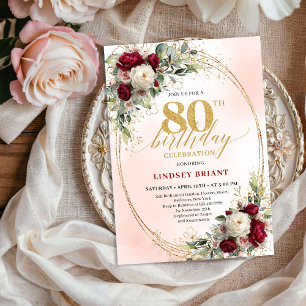 Romantic Burgundy Watercolor Flowers 80th Birthday Invitation
