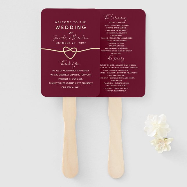 Romantic Burgundy Wedding Program Hand Fan (Front and Back)