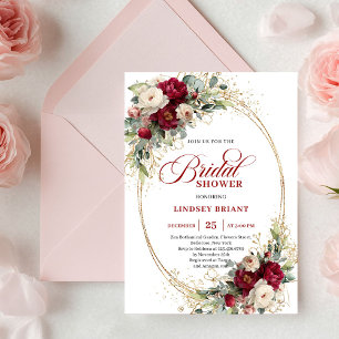 Romantic Burgundy White Roses Gold Bridal Shower  Invitation