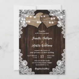 Romantic Burlap and Lace String Lights Wedding Invitation
