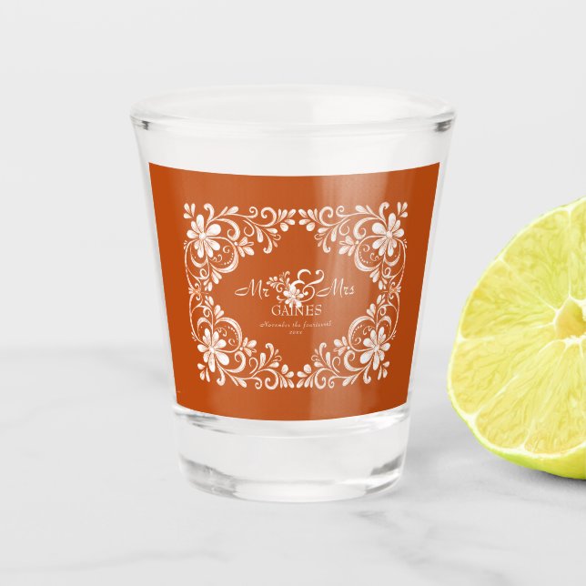 Romantic Burnt Orange Mr & Mrs Wedding Shot Glass (Front)