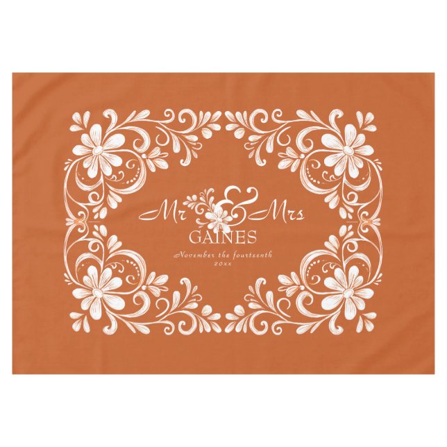Romantic Burnt Orange Shabby Chic Mr Mrs Wedding Tablecloth (Front (Horizontal))