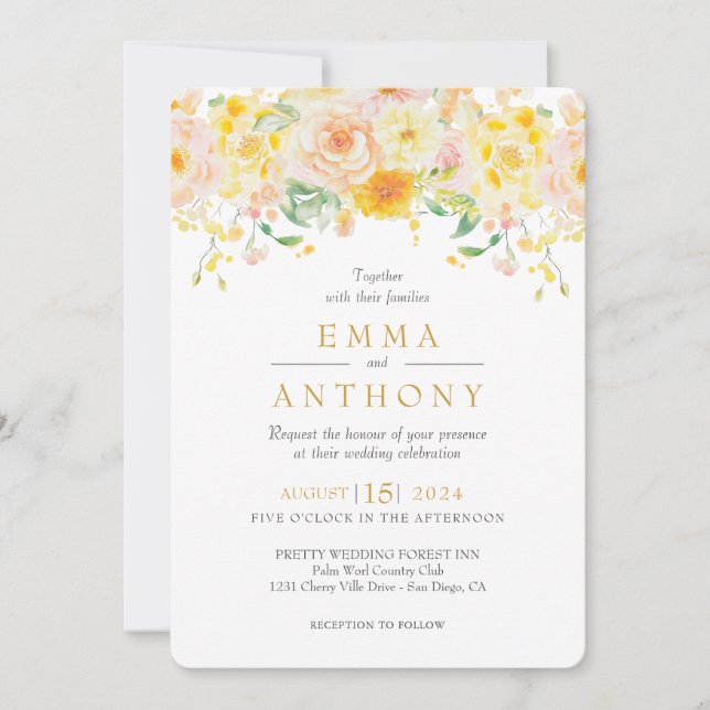 Romantic Butter Yellow Floral Watercolor Wedding Invitation (Front)