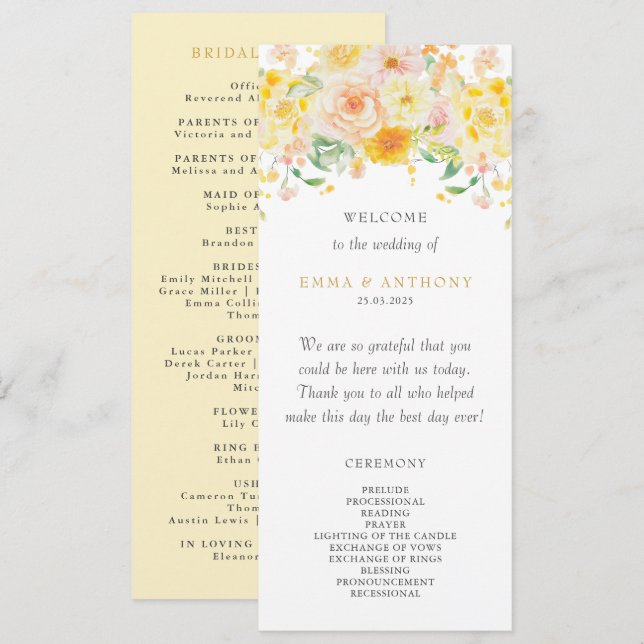 Romantic Butter Yellow Floral Watercolor Wedding Programme (Front/Back)