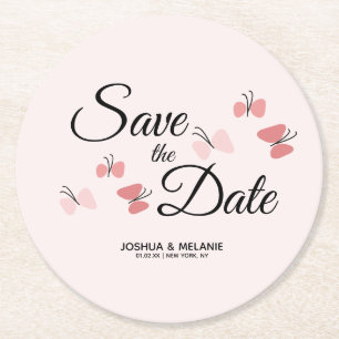 Romantic Butterflies Pink Save the Dates Round Paper Coaster