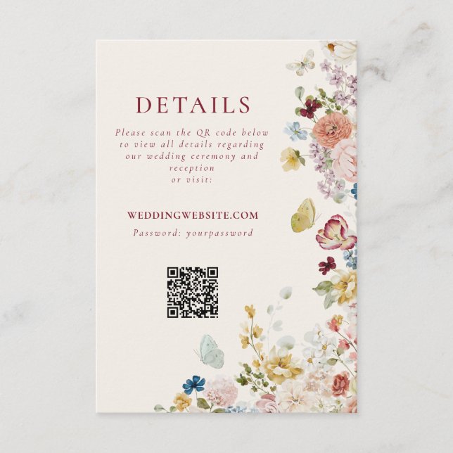 Romantic Butterfly Floral Border Wedding QR Code Enclosure Card (Front)