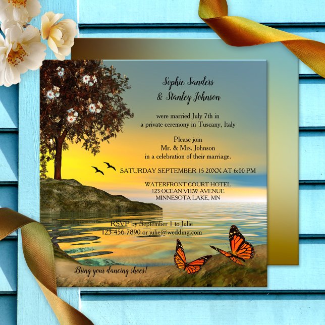 Romantic Butterfly Post or After Wedding Invite (Wedding reception only invitation featuring a sunset at a lake with butterflies and blossoming tree)