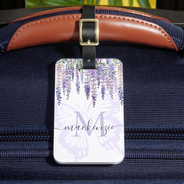 Romantic Butterfly & Wisteria Monogram Script Name Luggage Tag (Front Insitu 2)