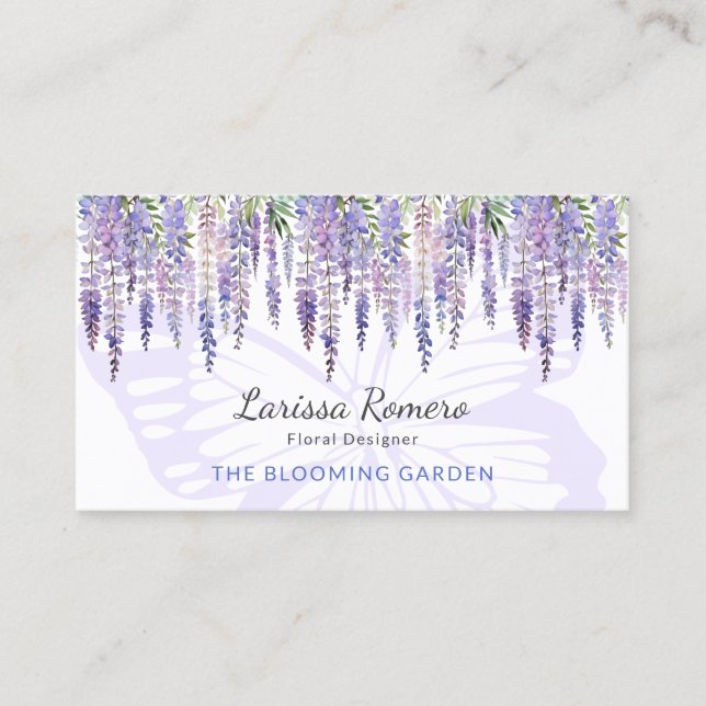 Romantic Butterfly & Wisteria Pastel Floral Business Card (Front)