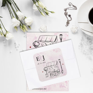 Romantic Café Illustration Wedding Monogram Square Sticker