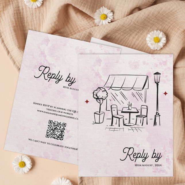Romantic Café Sketch QR Code Wedding Reply By RSVP Card (Romantic Café Sketch QR Code Wedding Reply By RSVP Card)
