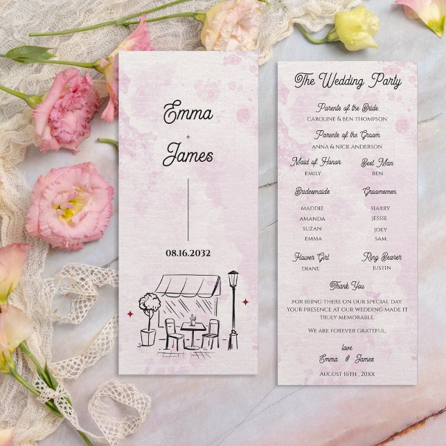 Romantic Café Sketch Wedding Ceremony Program Invitation (Romantic Café Sketch Wedding Ceremony Program)