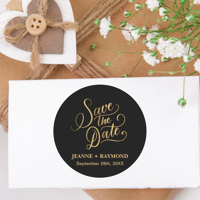 Romantic Calligraphy Black Gold Foil Save the Date Classic Round Sticker (Creator Uploaded)