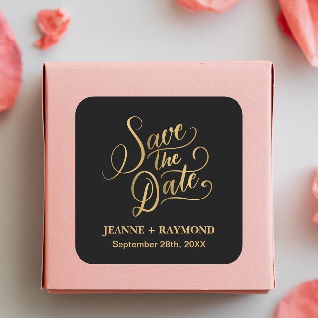 Romantic Calligraphy Black Gold Foil Save the Date Square Sticker (Creator Uploaded)