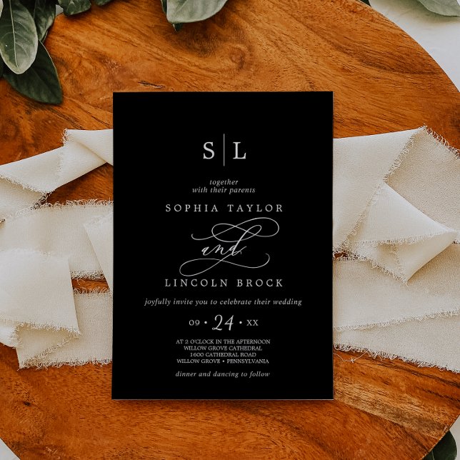 Romantic Calligraphy | Black Monogram Wedding Invitation (Creator Uploaded)