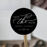 Romantic Calligraphy Black Save the Date Sticker<br><div class="desc">This romantic calligraphy black save the date sticker is perfect for a simple wedding. The modern classic design features fancy swirls and whimsical flourishes with gorgeous elegant hand lettered typography on a dark black background. Personalise the stickers with your names and wedding date.</div>