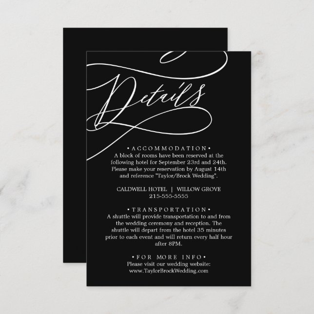 Romantic Calligraphy | Black Wedding Details Enclosure Card (Front/Back)