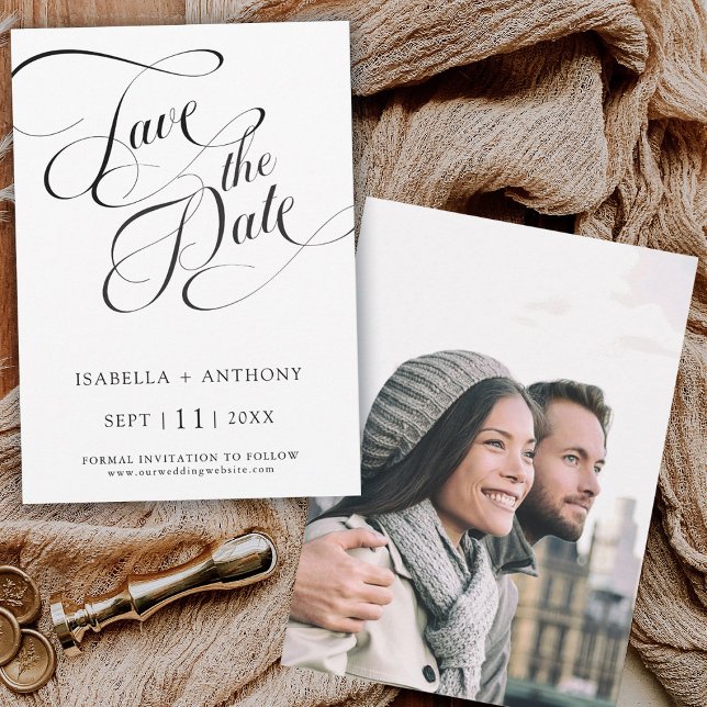 Romantic Calligraphy Black & White Wedding Save The Date (Front & Back)