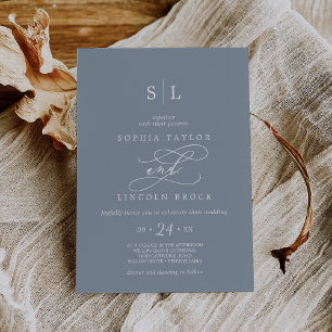 Romantic Calligraphy Blue & White Monogram Wedding Invitation