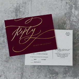 Romantic Calligraphy Burgundy Gold Foil Meal RSVP Invitation Postcard
