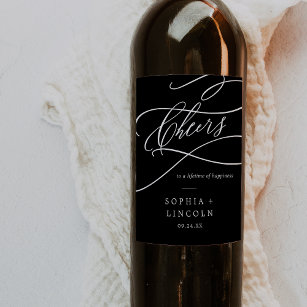 Romantic Calligraphy Dark Black Cheers Wedding Wine Label