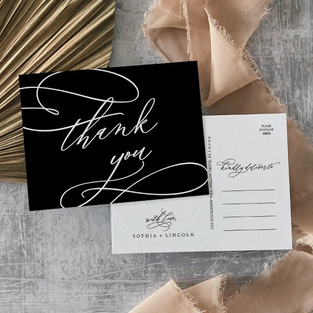 Romantic Calligraphy | Dark Black Thank You Postcard (Creator Uploaded)