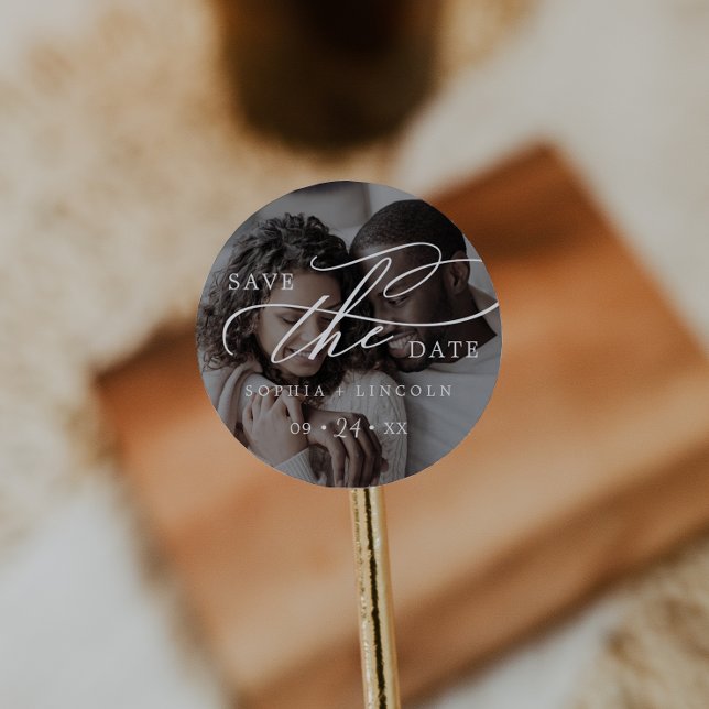 Romantic Calligraphy Dark Photo Save the Date Classic Round Sticker (Creator Uploaded)