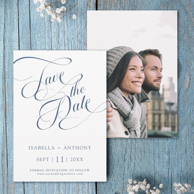 Romantic Calligraphy Dusty Blue Wedding Photo Save The Date (Creator Uploaded)
