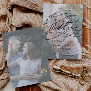 Romantic Calligraphy Faded Photo Flourish Wedding  Invitation