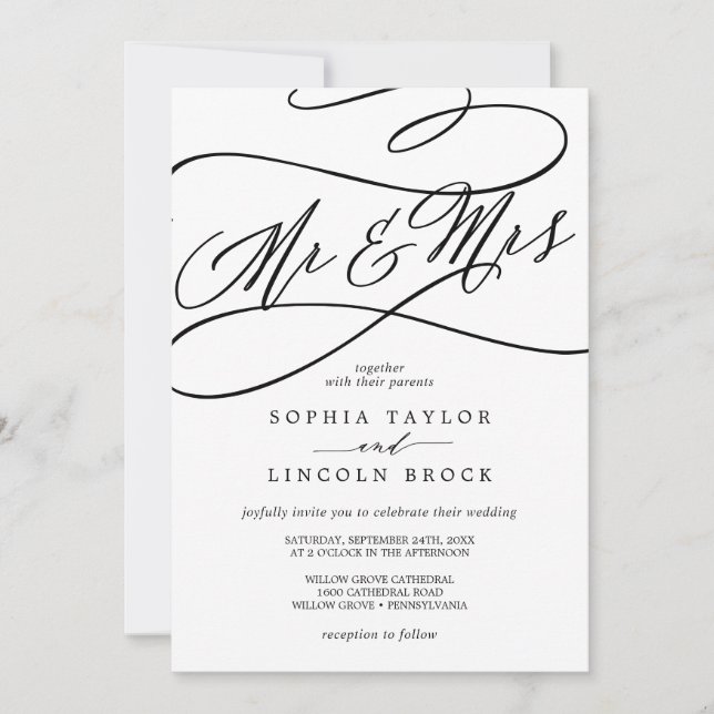 Romantic Calligraphy | Flourish Mr & Mrs Wedding Invitation (Front)