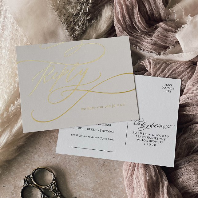 Romantic Calligraphy Gold Foil and Ivory Song RSVP Foil Invitation Postcard (Creator Uploaded)
