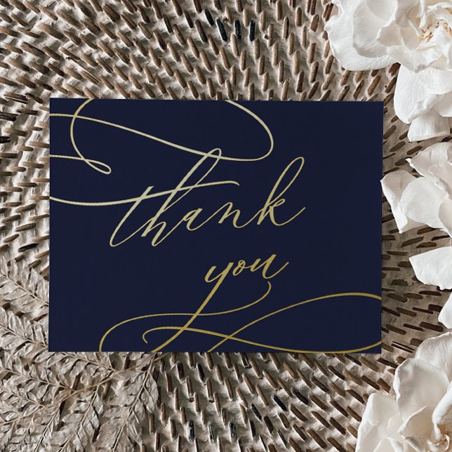 Romantic Calligraphy Gold Foil Navy Thank You Card (Creator Uploaded)