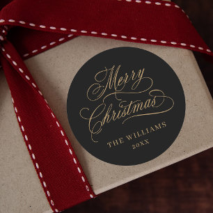 Romantic Calligraphy Merry Christmas Black & Gold Classic Round Sticker
