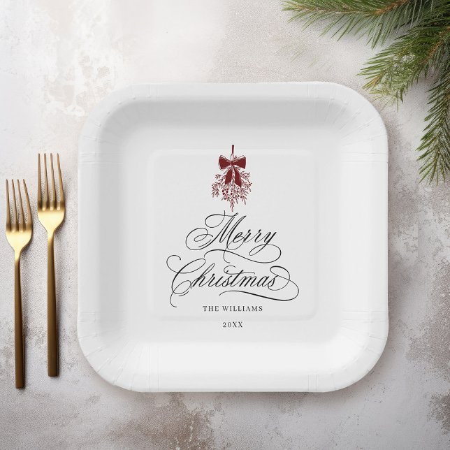 Romantic Calligraphy Merry Christmas Red & Black Paper Plate (Creator Uploaded)