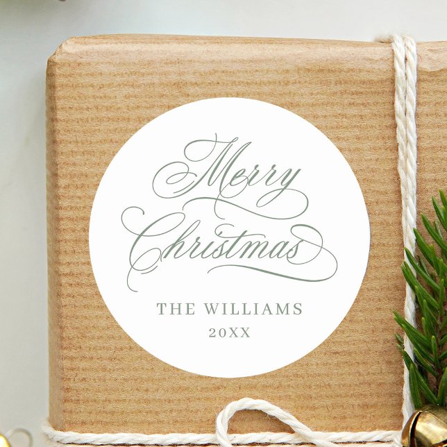 Romantic Calligraphy Merry Christmas Silky Sage Classic Round Sticker (Creator Uploaded)
