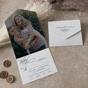 Romantic Calligraphy Monogram Dark Photo Wedding All In One Invitation